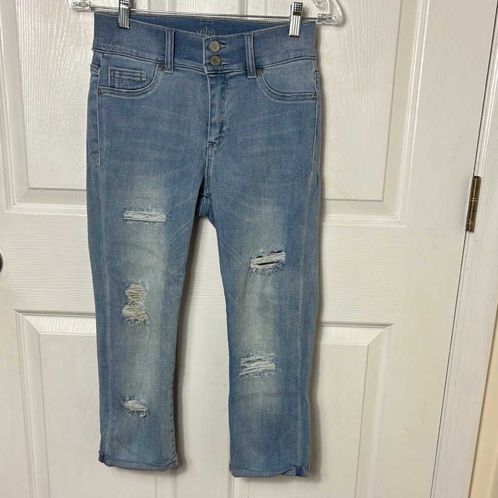 SOHO NY&Co Women's Blue Distressed High Waist Cropped Leggings Jeans Size 6